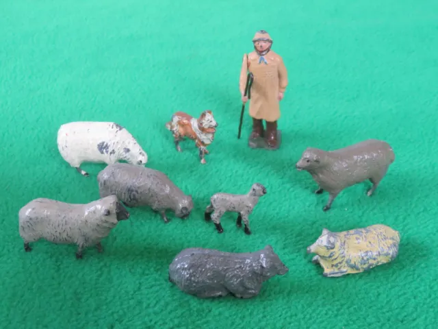 Britains etc Lead Farm : Shepherd, Sheep Dog and Flock of Sheep