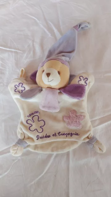 Doudou Et Compagnie Peluche Marionnette Ours Maman Blanc Violet Fleurs pétale