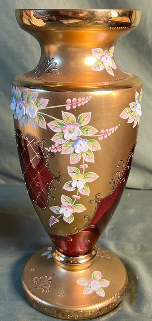 Vintage Bohemian Czech Art Glass Gold Gilt Hand Painted Cranberry Ruby Red Vase