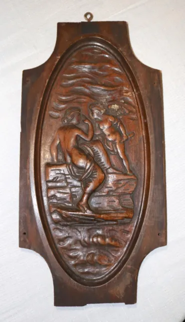 antique hand carved wood figural scene wall relief art plaque sculpture Folk art