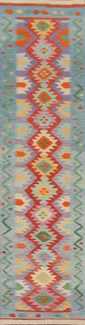 Colorida alfombra reversible Kilim tela plana 13 ft de largo pasillo corredor 3'x13'