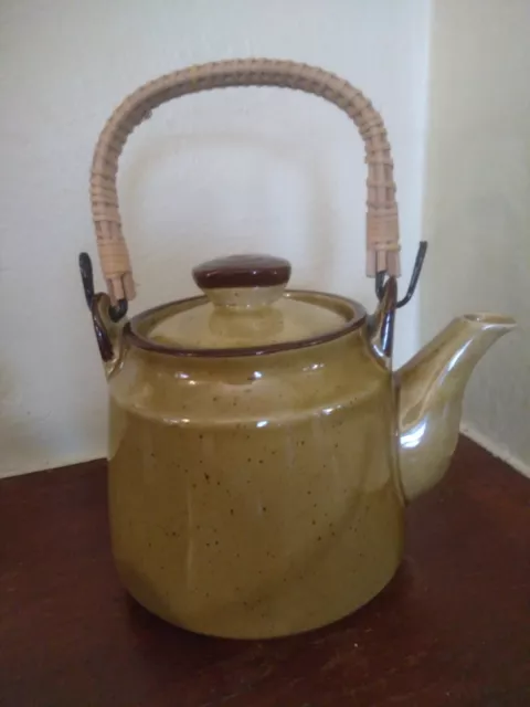 Beautiful Vintage Japanese Ceramic Teapot With Wicker Wrapped Handle 2