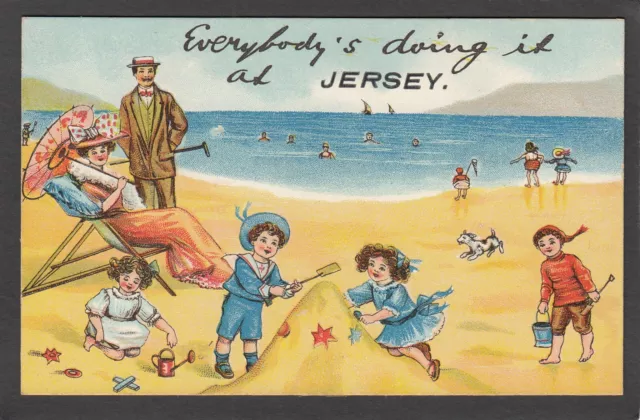 Postcard Jersey Channel Islands comic family beach sand castle Everybody early