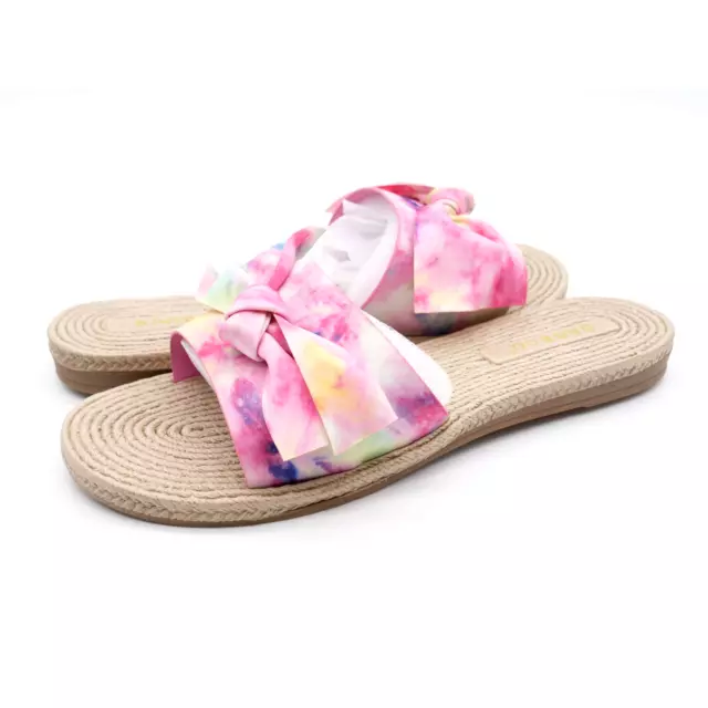 Bamboo Sandals Womens 8.5 Flat Slides Pink Tie Dye Faux Espadrille Bow Accent