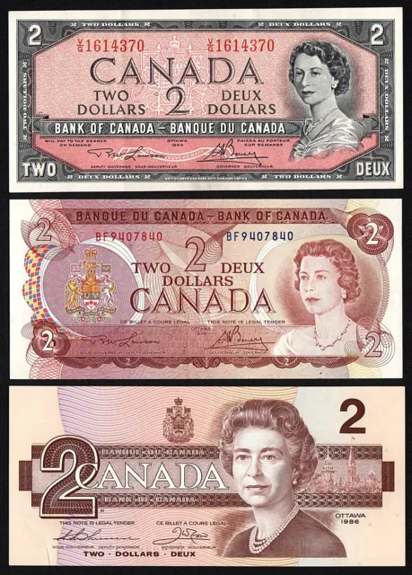 1954-1986 Kanada: Bank of Canada, $2 Two Dollars, XF/aUNC (Lot of 3)