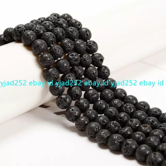 6/8/10/12mm Black Natural Volcanic rock Round Gems Loose Beads 15" Strand