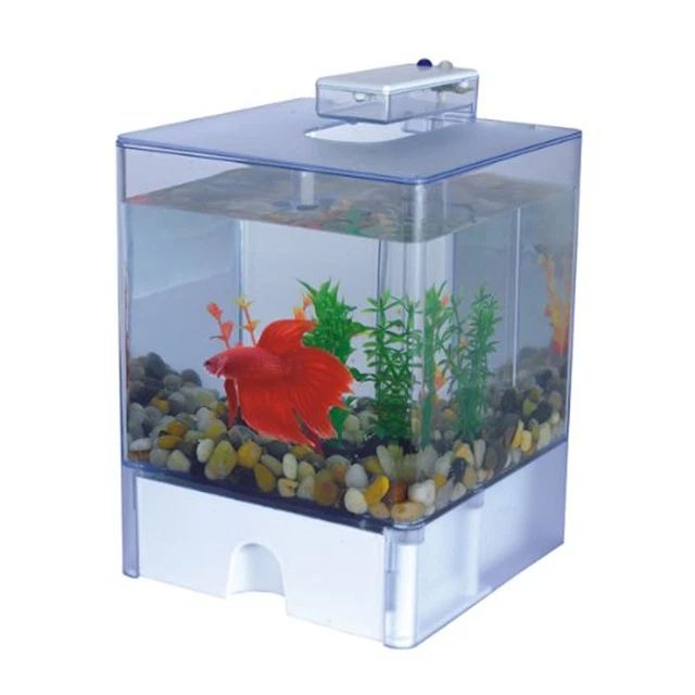 Portable Desktop Deco 3L Aquarium Fish Tank Betta Cube Bowl w/LED Light & Gravel