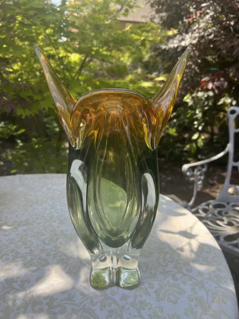 Mid Century Vibrant green orange art glass Chribska sommerso cats head vase 14in