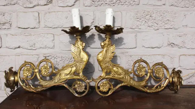 PAIR french brass heraldic lion Wall lights sconces Gothic castle decor lamps