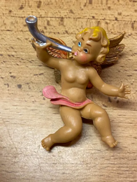 Vintage Cherub Angel Playing Horn Molded Plastic Rubber Christmas Ornament 3"