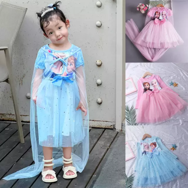 Kids Girls Elsa Anna Sequins Bow Birthday Party Fancy Princess Tutu Dress Cloak