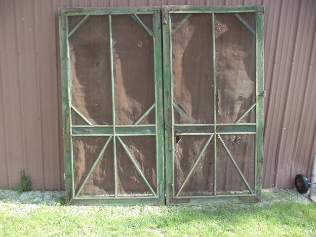 Pair of HUGH vintage screen door Victorian age Green paint 95” x 48” BARN SHED