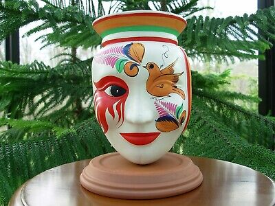 Handcrafted Clay Lady Face Vase Figurine Headvase Mardi Gras Mexico 8 1/4"UNIQUE