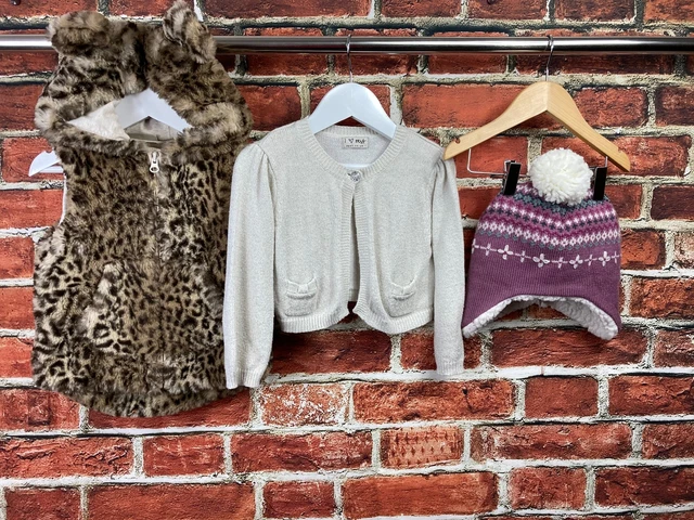 GIRLS BUNDLE AGE 2-3 NEXT JOHN LEWIS GOLD CARDIGAN LEOPARD GILET BOBBLE HAT 98cm