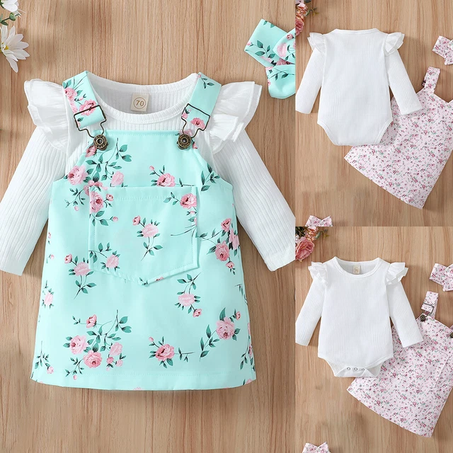Newborn Baby Girls Ruffle Bodysuit Romper Tops+Dress Outfits Set Floral Clothes