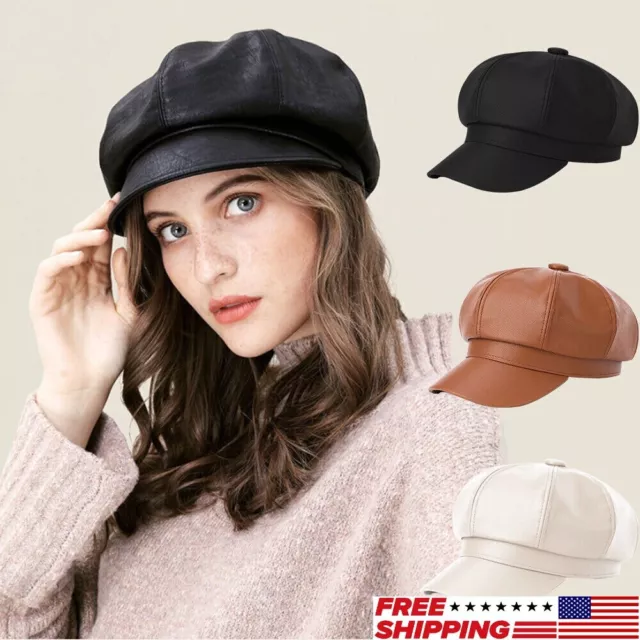 Fashion Ladies Women Girls Leather Baker Boy Peaked Cap Newsboy Hat Beret Cap