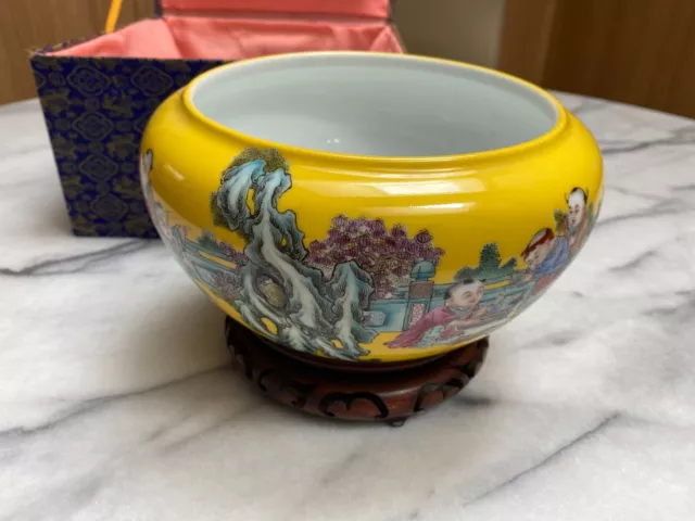 Vintage Chinese Cloisonne Bowl with Wood Sand and Original Box