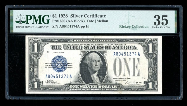 DBR 1928 $1 Silver Fr. 1600 AA Block PMG 35 Serial A80451374A