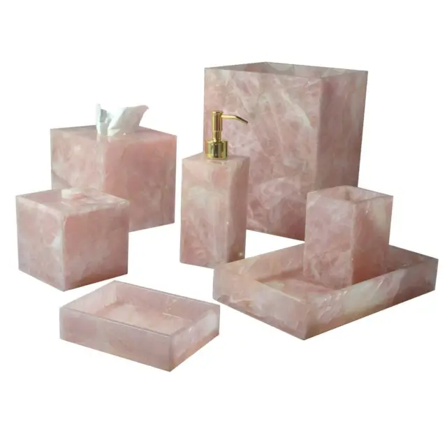 7 pcs Pink Rose Quartz Vanity Set - Bathroom Decor Gemstone Style