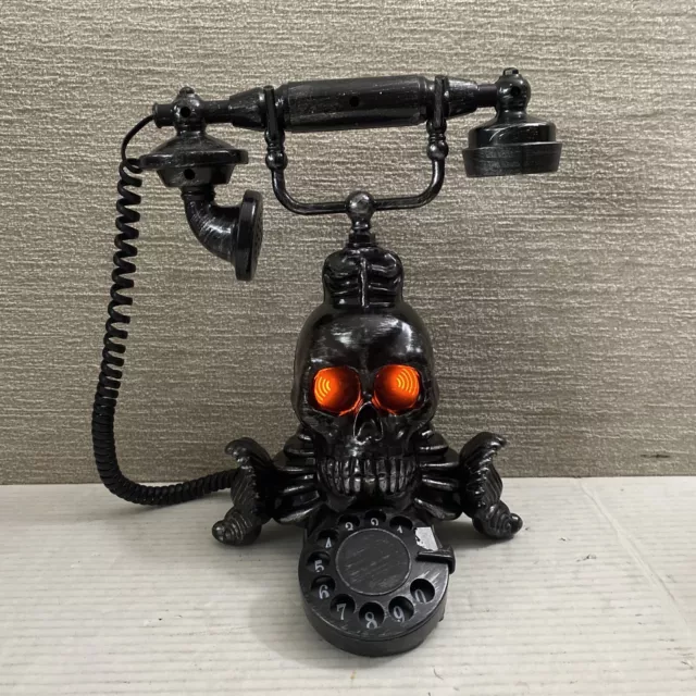 RARE Gemmy Haunted Halloween Skull Talk Telephone Spinning Red Eyes Sound Sensor
