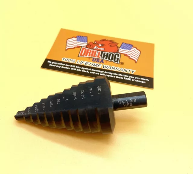 Drill Hog® Step Drill Bit 1/4-1-3/8 Multi UniBit Pig Steel M60 Lifetime Warranty
