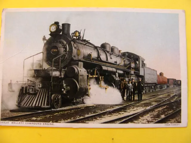 older postcard train Santa Fe railroad locomotive Mallett Compound steam engine
