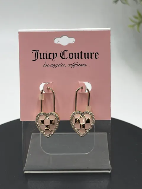 Juicy Couture Gold Tone Pink Enamel Checkered Heart Safety Pin Drop Earrings NWT