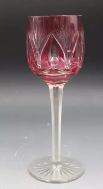 Antique German Bohemian Crystal Hock Wine Glass Pink Cut To Clear