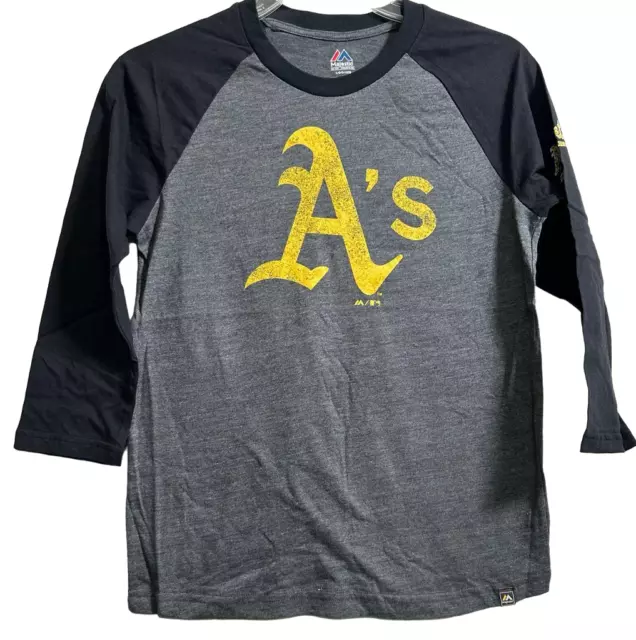 Majestic Youth Oakland Athletics Power Hit 3/4 Sleeve Raglan T-Shirt, Gray,Large