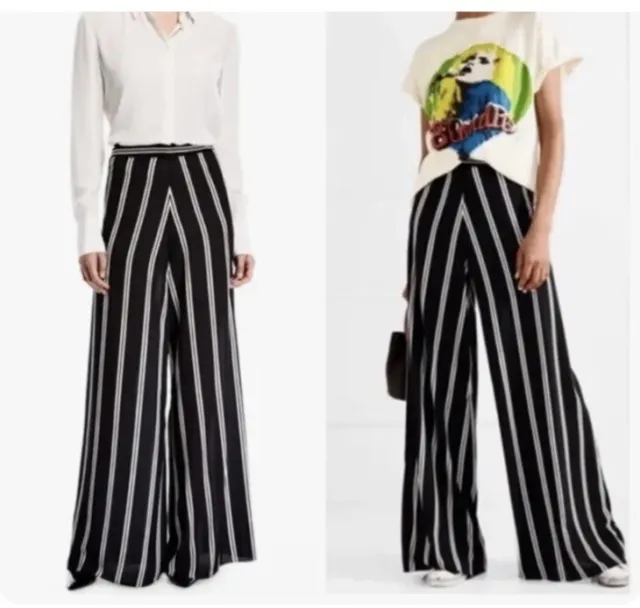 Alice + Olivia Athena Wide Leg striped Silky Flowy  Black White Pants Size 10