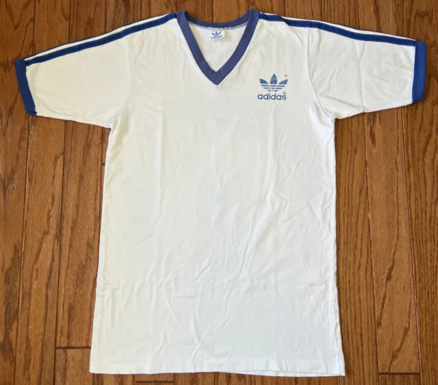 Vintage Adidas Shirt White Navy Blue Ringer Trefoil 70s Single Stitch Size Large