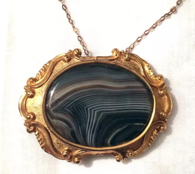 Antique Victorian Banded Agate Gold Brooch Pendant Necklace Clasp Pin Vtg Repair 3
