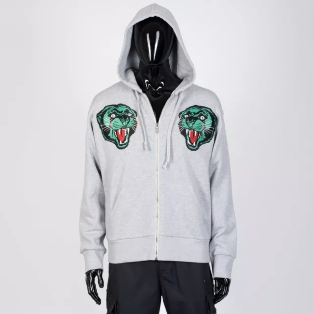 GUCCI 2900$ Grey Cotton Zip-Up Hoodie Sweatshirt, Tiger Embroidery