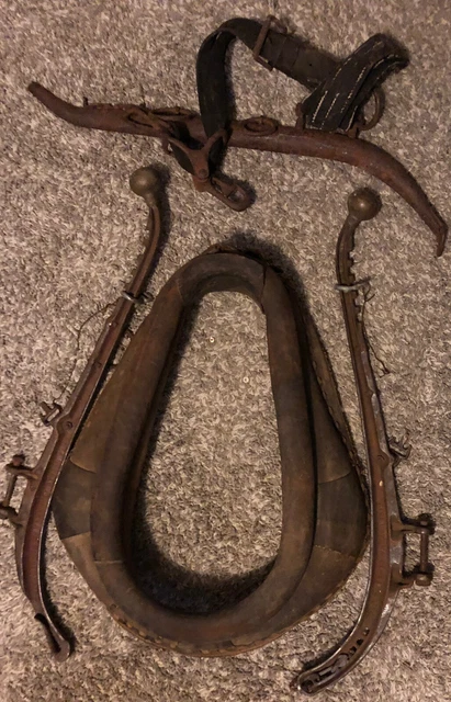 Antique 1918 Ox Mule Horse Yolk Collar Harness All Cast Iron Leather Need Mirror
