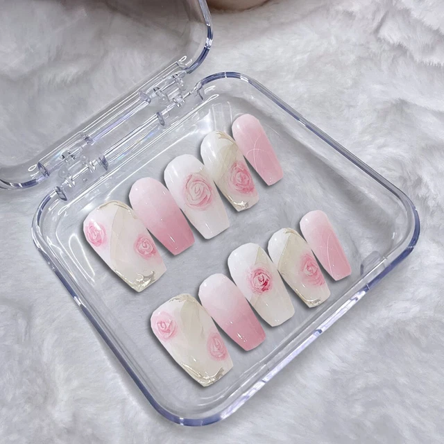 Hecho a mano Uñas Falsas Rosa Ataúd Prensa en Uñas para Uñas Arte Manicura 10 PIEZAS