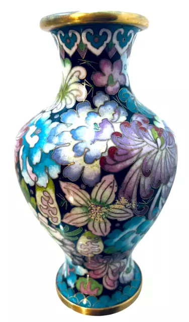 Chinese Cloisonne Enamel Vase Floral With Shades Of Blue & Purple  6” Tall Brass