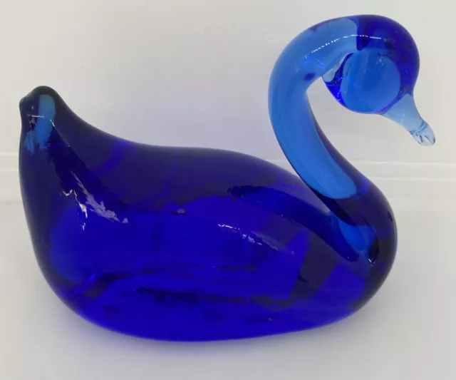 Vintage Glass Hand Blown Cobalt Blue Swan Figurine Paperweight Art Deco