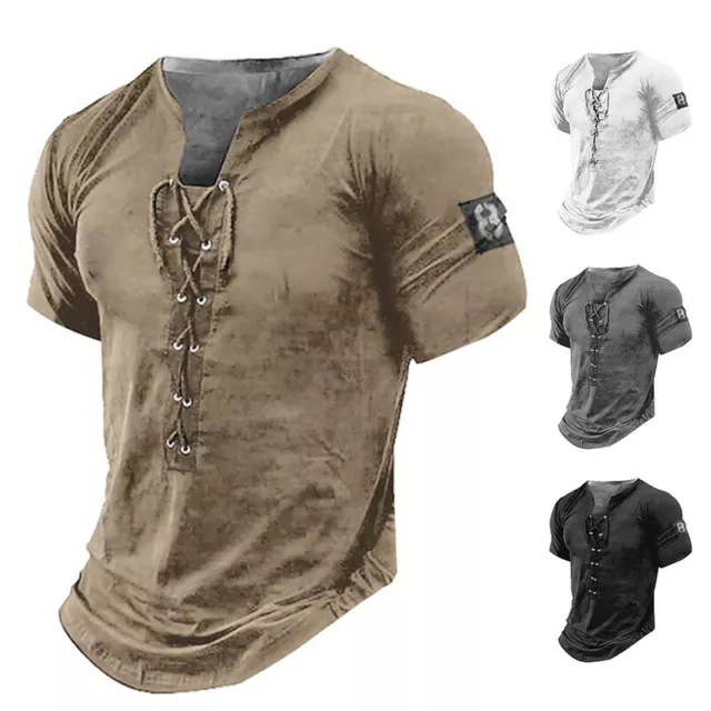 Mens Lace Up Muscle Slim Fit T-Shirt Short Sleeve Gym Sport Fitness Tee Tops  ✽