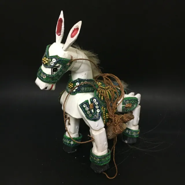 Burmese White Horse Wood Marionette String Puppet Green Saddle Asian Craft Toy