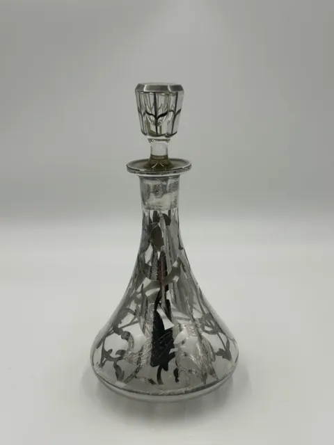 Antique Decanter Art Nouveau Barware Glass & Silver Overlay 10” Tall