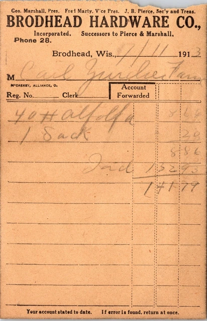 Brodhead Hardware Co Brodhead WI 1913 Billhead