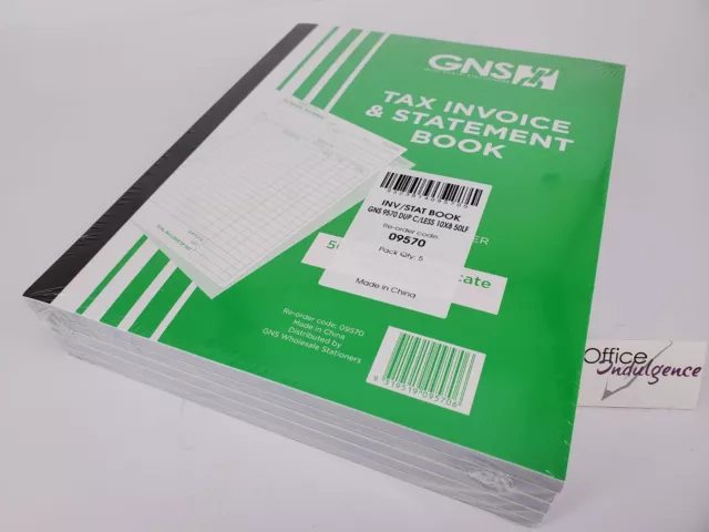5 x Tax Invoice & Statement Book Duplicate Carbonless 255x200mm 50LF GNS 09570*