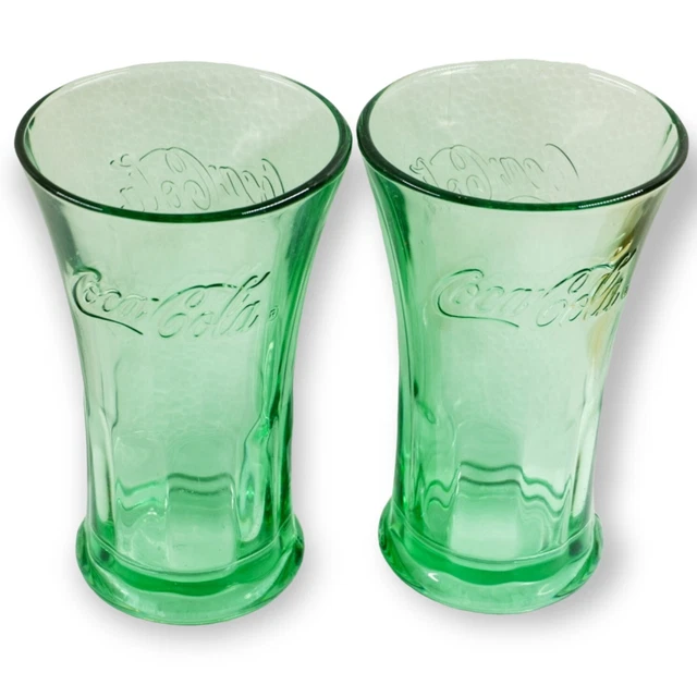 Coca Cola Coke 2 Heavy Glass 16oz Green Flared Libbey Drinking Glasses Tumblers