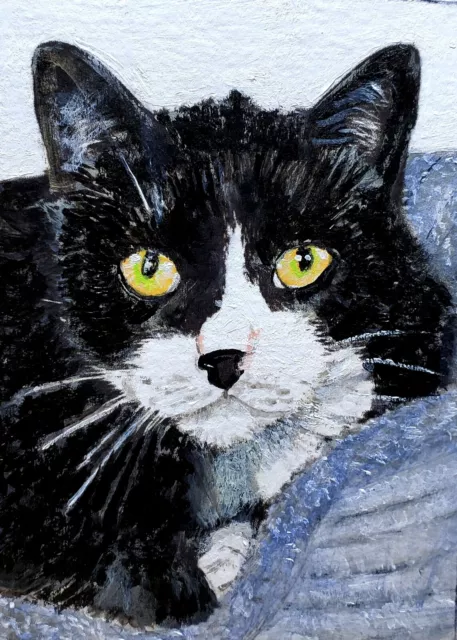 ACEO Original Painting Tuxedo Cat Named Beetoven on a Cusion  LGarcia