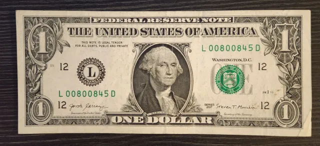$1 One Dollar Bill Repeater-008 008 45-Series 2017 Circulated