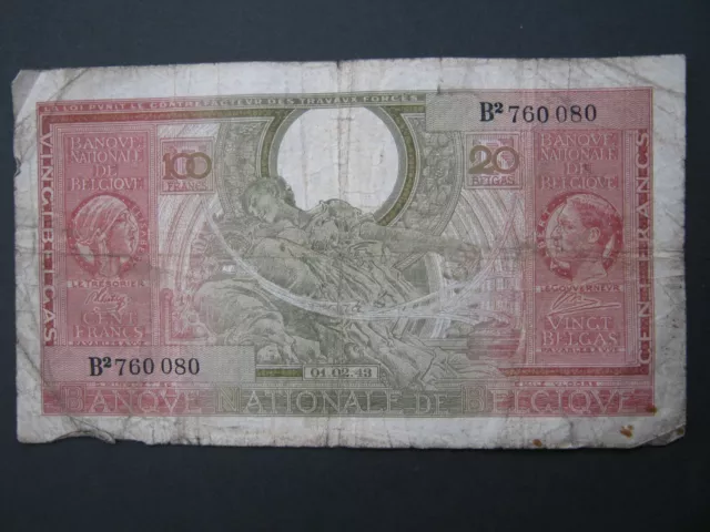 Belgium 1943 100 Francs or 20 Belgas banknote P-123 Fair