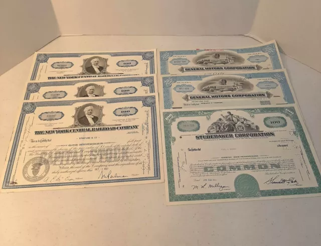 General Motors Corp Studebaker Corp N. Y. Central Railroad Stock Certificates