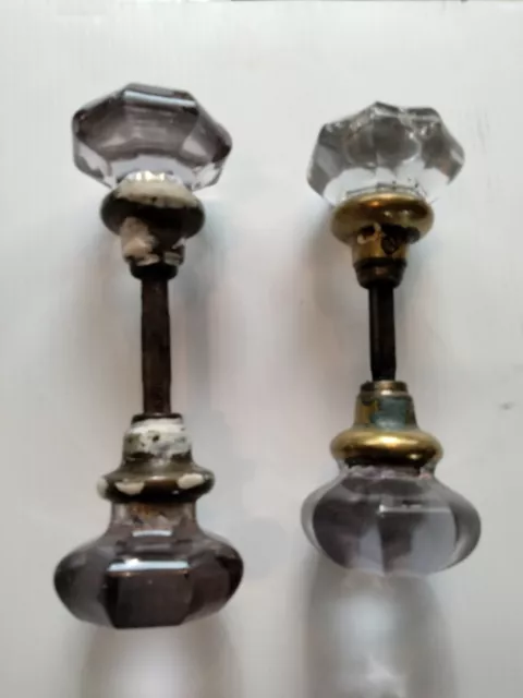 2 sets Vintage 8 Point Purple Amethyst & Crystal Glass Door Knobs Pair on shafts