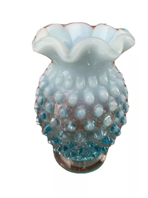 Vintage Fenton Blue Opalescent Hobnail Small Vase Antique Art Glass #4