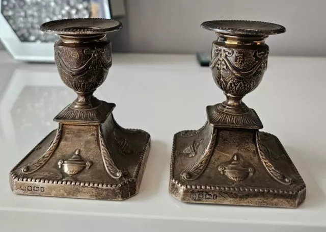 Small Antique Pair Of Sterling Silver Candlestick Holders